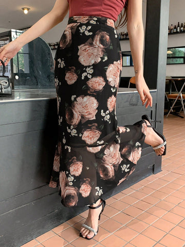 DAZY Floral Print Ruffle Hem Skirt For Women, Elegant DAZY Floral Print Ruffle Hem Skirt For Women, Elegant