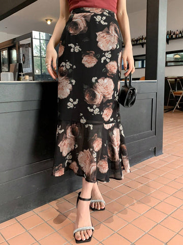 DAZY Floral Print Ruffle Hem Skirt For Women, Elegant DAZY Floral Print Ruffle Hem Skirt For Women, Elegant