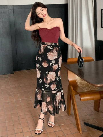 DAZY Floral Print Ruffle Hem Skirt For Women, Elegant DAZY Floral Print Ruffle Hem Skirt For Women, Elegant