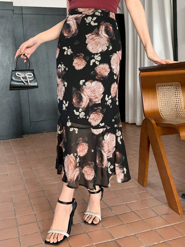 DAZY Floral Print Ruffle Hem Skirt For Women, Elegant DAZY Floral Print Ruffle Hem Skirt For Women, Elegant