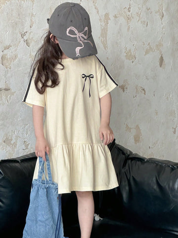 DAZY Girls Young Girl Fall/Summer Casual Round Neck Knit Bow Print Short Sleeve Dress DAZY Girls Young Girl Fall/Summer Casual Round Neck Knit Bow Print Short Sleeve Dress