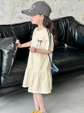 DAZY Girls Young Girl Fall/Summer Casual Round Neck Knit Bow Print Short Sleeve Dress DAZY Girls Young Girl Fall/Summer Casual Round Neck Knit Bow Print Short Sleeve Dress