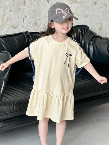 DAZY Girls Young Girl Fall/Summer Casual Round Neck Knit Bow Print Short Sleeve Dress DAZY Girls Young Girl Fall/Summer Casual Round Neck Knit Bow Print Short Sleeve Dress