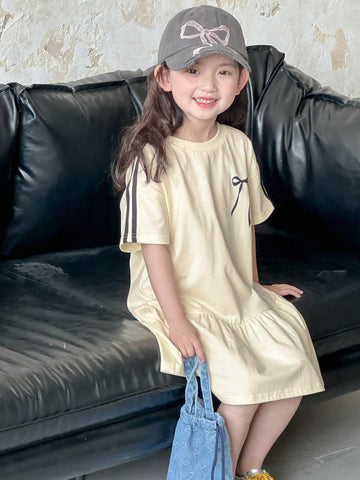 DAZY Girls Young Girl Fall/Summer Casual Round Neck Knit Bow Print Short Sleeve Dress DAZY Girls Young Girl Fall/Summer Casual Round Neck Knit Bow Print Short Sleeve Dress