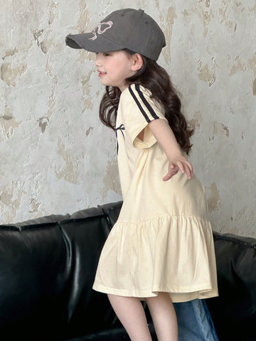 DAZY Girls Young Girl Fall/Summer Casual Round Neck Knit Bow Print Short Sleeve Dress DAZY Girls Young Girl Fall/Summer Casual Round Neck Knit Bow Print Short Sleeve Dress