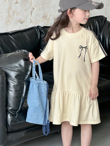 DAZY Girls Young Girl Fall/Summer Casual Round Neck Knit Bow Print Short Sleeve Dress DAZY Girls Young Girl Fall/Summer Casual Round Neck Knit Bow Print Short Sleeve Dress