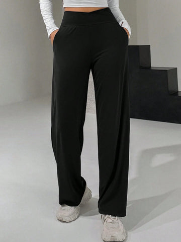 DAZY Ladies' Long Wide-Leg Pants With Cross High Waist Design DAZY Ladies' Long Wide-Leg Pants With Cross High Waist Design