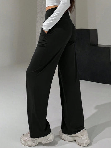 DAZY Ladies' Long Wide-Leg Pants With Cross High Waist Design DAZY Ladies' Long Wide-Leg Pants With Cross High Waist Design