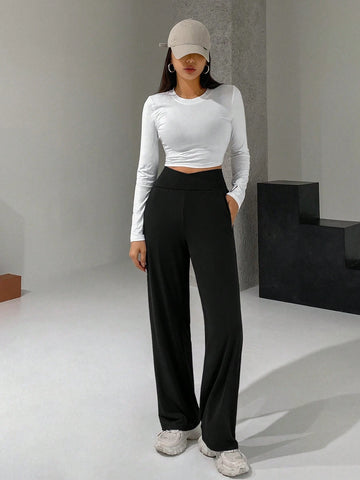 DAZY Ladies' Long Wide-Leg Pants With Cross High Waist Design DAZY Ladies' Long Wide-Leg Pants With Cross High Waist Design