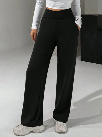 DAZY Ladies' Long Wide-Leg Pants With Cross High Waist Design DAZY Ladies' Long Wide-Leg Pants With Cross High Waist Design