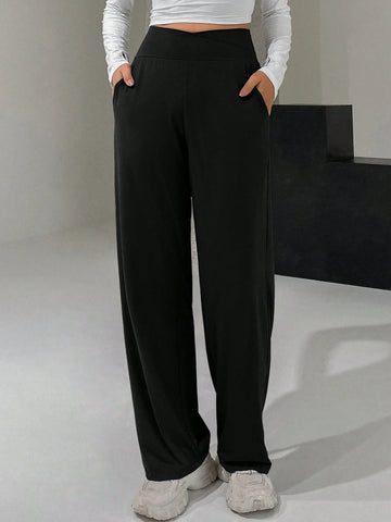 DAZY Ladies' Long Wide-Leg Pants With Cross High Waist Design DAZY Ladies' Long Wide-Leg Pants With Cross High Waist Design