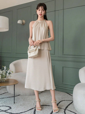 DAZY Ladies' Sleeveless Solid Color Top And Skirt Set DAZY Ladies' Sleeveless Solid Color Top And Skirt Set