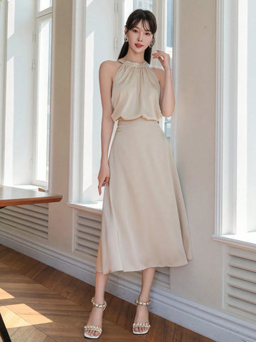 DAZY Ladies' Sleeveless Solid Color Top And Skirt Set DAZY Ladies' Sleeveless Solid Color Top And Skirt Set