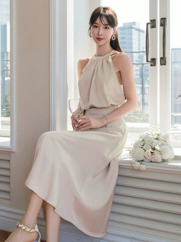 DAZY Ladies' Sleeveless Solid Color Top And Skirt Set DAZY Ladies' Sleeveless Solid Color Top And Skirt Set