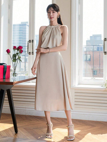 DAZY Ladies' Sleeveless Solid Color Top And Skirt Set DAZY Ladies' Sleeveless Solid Color Top And Skirt Set