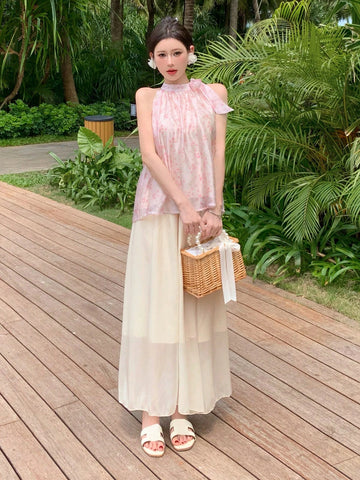 DAZY Ladies" Vacation Floral Print Halter Top And Solid Color Maxi Skirt Set DAZY Ladies" Vacation Floral Print Halter Top And Solid Color Maxi Skirt Set