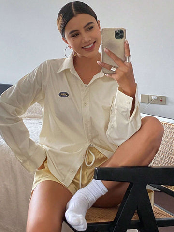 DAZY Letter Embroidered Loose Long Sleeve Turn Down Collar Women Shirt DAZY Letter Embroidered Loose Long Sleeve Turn Down Collar Women Shirt