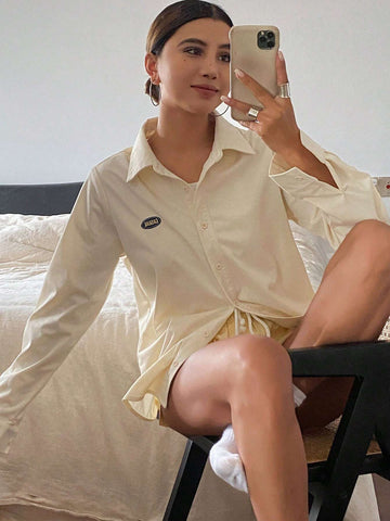 DAZY Letter Embroidered Loose Long Sleeve Turn Down Collar Women Shirt DAZY Letter Embroidered Loose Long Sleeve Turn Down Collar Women Shirt