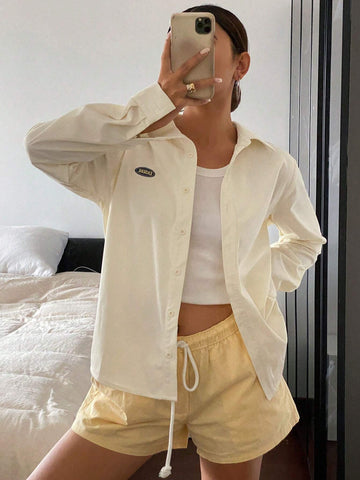 DAZY Letter Embroidered Loose Long Sleeve Turn Down Collar Women Shirt DAZY Letter Embroidered Loose Long Sleeve Turn Down Collar Women Shirt