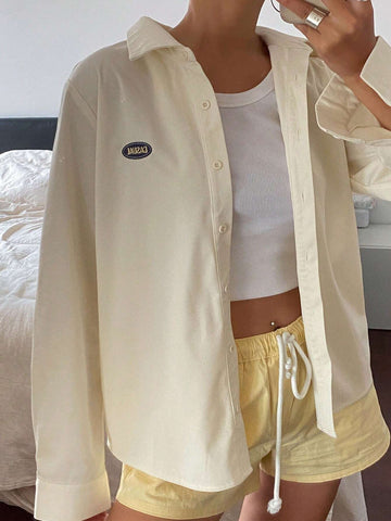 DAZY Letter Embroidered Loose Long Sleeve Turn Down Collar Women Shirt DAZY Letter Embroidered Loose Long Sleeve Turn Down Collar Women Shirt