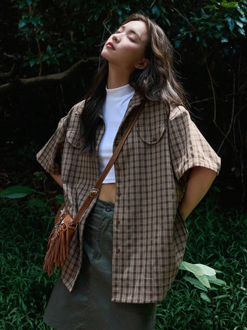 DAZY Plaid Print Drop Shoulder Shirt DAZY Plaid Print Drop Shoulder Shirt