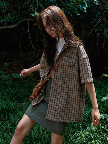 DAZY Plaid Print Drop Shoulder Shirt DAZY Plaid Print Drop Shoulder Shirt