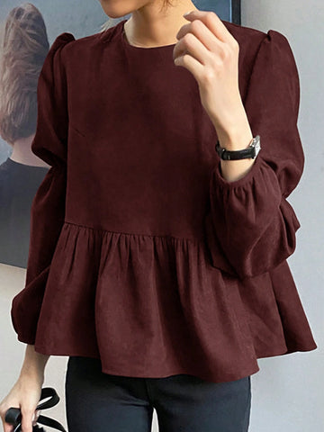 DAZY Plain Crew Neck Ruffle Hem Casual Long Sleeve Shirt DAZY Plain Crew Neck Ruffle Hem Casual Long Sleeve Shirt
