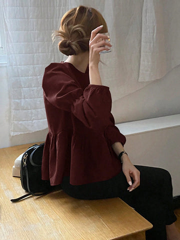 DAZY Plain Crew Neck Ruffle Hem Casual Long Sleeve Shirt DAZY Plain Crew Neck Ruffle Hem Casual Long Sleeve Shirt