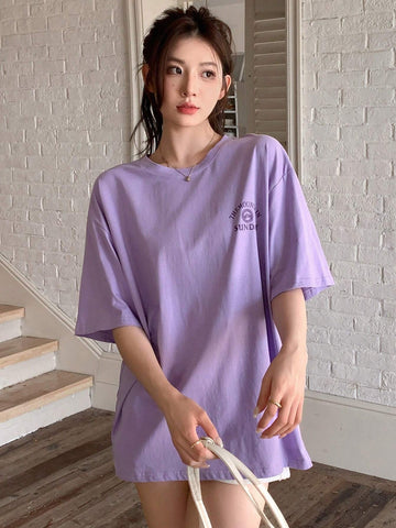 Slogan Graphic Drop Shoulder Tee THE MOUNTAIN A MODERN PLACE SUNDAY SUNSHINE YOU ARE Slogan Graphic Drop Shoulder Tee THE MOUNTAIN A MODERN PLACE SUNDAY SUNSHINE YOU ARE