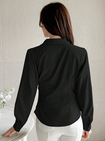 DAZY Solid Color Long Sleeve Asymmetric Cross Front Women Shirt DAZY Solid Color Long Sleeve Asymmetric Cross Front Women Shirt