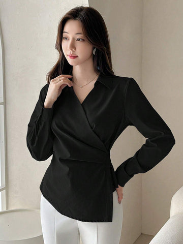 DAZY Solid Color Long Sleeve Asymmetric Cross Front Women Shirt DAZY Solid Color Long Sleeve Asymmetric Cross Front Women Shirt