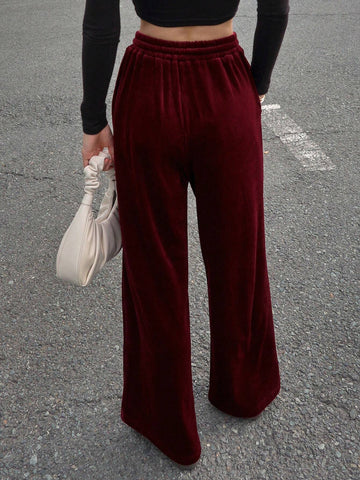 DAZY Solid Color Loose Drawstring Wide Leg Pants With Pockets, Elastic Waist Ribbed Women Sweatpants DAZY Solid Color Loose Drawstring Wide Leg Pants With Pockets, Elastic Waist Ribbed Women Sweatpants