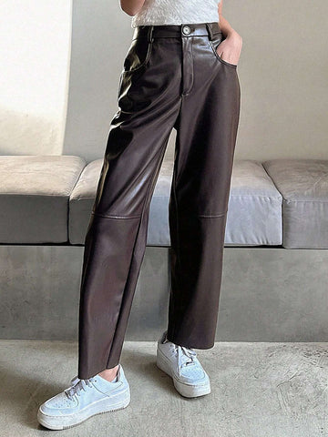 DAZY Solid Color Pu High-Waist Cropped Pants DAZY Solid Color Pu High-Waist Cropped Pants