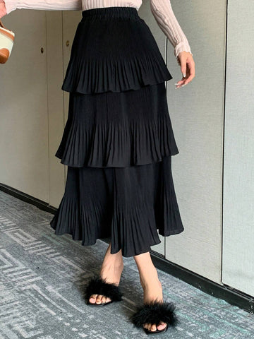 DAZY Solid Layer Ruffle Hem Pleated Skirt DAZY Solid Layer Ruffle Hem Pleated Skirt