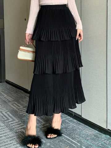 DAZY Solid Layer Ruffle Hem Pleated Skirt DAZY Solid Layer Ruffle Hem Pleated Skirt