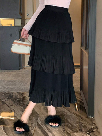 DAZY Solid Layer Ruffle Hem Pleated Skirt DAZY Solid Layer Ruffle Hem Pleated Skirt