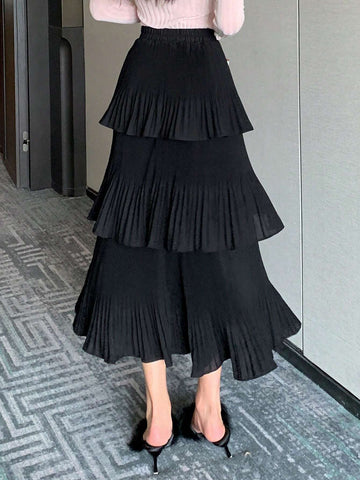 DAZY Solid Layer Ruffle Hem Pleated Skirt DAZY Solid Layer Ruffle Hem Pleated Skirt