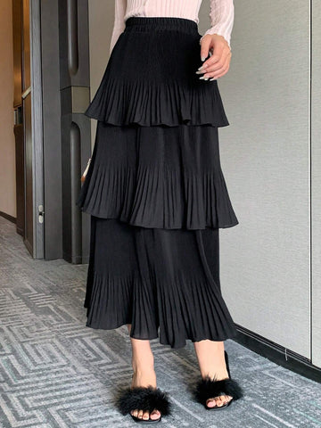 DAZY Solid Layer Ruffle Hem Pleated Skirt DAZY Solid Layer Ruffle Hem Pleated Skirt