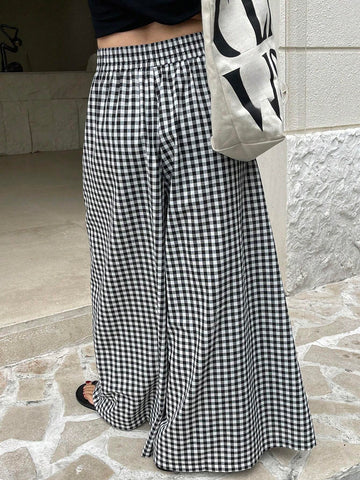 DAZY Spring And Summer Checked High Waist Wide Leg Pants With Elastic Waistband DAZY Spring And Summer Checked High Waist Wide Leg Pants With Elastic Waistband