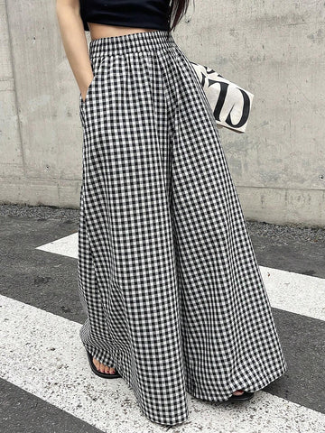 DAZY Spring And Summer Checked High Waist Wide Leg Pants With Elastic Waistband DAZY Spring And Summer Checked High Waist Wide Leg Pants With Elastic Waistband