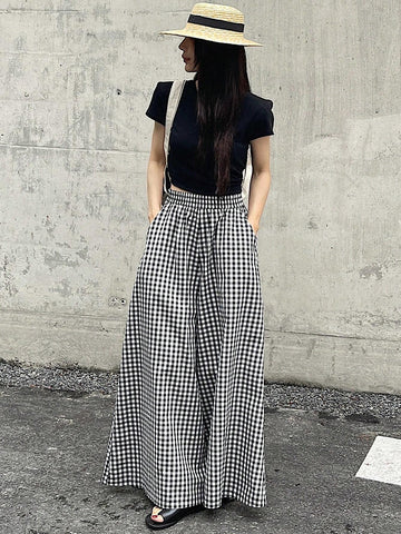 DAZY Spring And Summer Checked High Waist Wide Leg Pants With Elastic Waistband DAZY Spring And Summer Checked High Waist Wide Leg Pants With Elastic Waistband