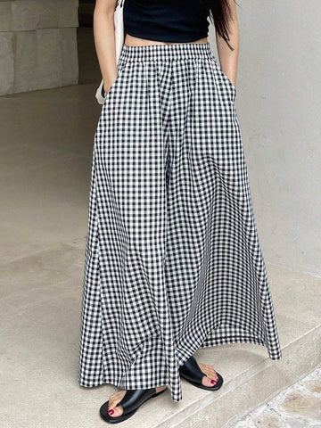 DAZY Spring And Summer Checked High Waist Wide Leg Pants With Elastic Waistband DAZY Spring And Summer Checked High Waist Wide Leg Pants With Elastic Waistband