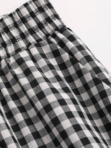 DAZY Spring And Summer Checked High Waist Wide Leg Pants With Elastic Waistband DAZY Spring And Summer Checked High Waist Wide Leg Pants With Elastic Waistband