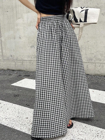 DAZY Spring And Summer Checked High Waist Wide Leg Pants With Elastic Waistband DAZY Spring And Summer Checked High Waist Wide Leg Pants With Elastic Waistband