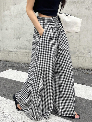 DAZY Spring And Summer Checked High Waist Wide Leg Pants With Elastic Waistband DAZY Spring And Summer Checked High Waist Wide Leg Pants With Elastic Waistband