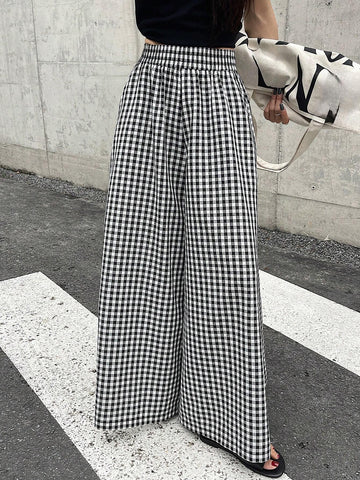 DAZY Spring And Summer Checked High Waist Wide Leg Pants With Elastic Waistband DAZY Spring And Summer Checked High Waist Wide Leg Pants With Elastic Waistband