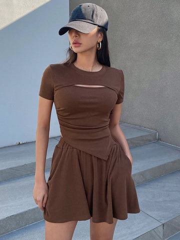 DAZY Women'S Hollow Out Irregular Hem Short Sleeve T-Shirt And Shorts Set DAZY Women'S Hollow Out Irregular Hem Short Sleeve T-Shirt And Shorts Set