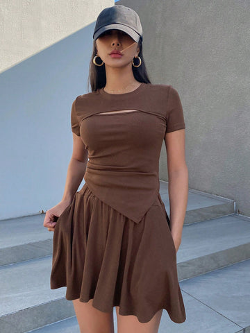 DAZY Women'S Hollow Out Irregular Hem Short Sleeve T-Shirt And Shorts Set DAZY Women'S Hollow Out Irregular Hem Short Sleeve T-Shirt And Shorts Set