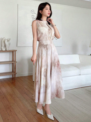 DAZY Women 2-Piece Chiffon Printed Sleeveless Top And A-Line Skirt Set DAZY Women 2-Piece Chiffon Printed Sleeveless Top And A-Line Skirt Set
