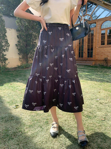 DAZY Women Bow Tie Full Print Casual Loose Skirt DAZY Women Bow Tie Full Print Casual Loose Skirt